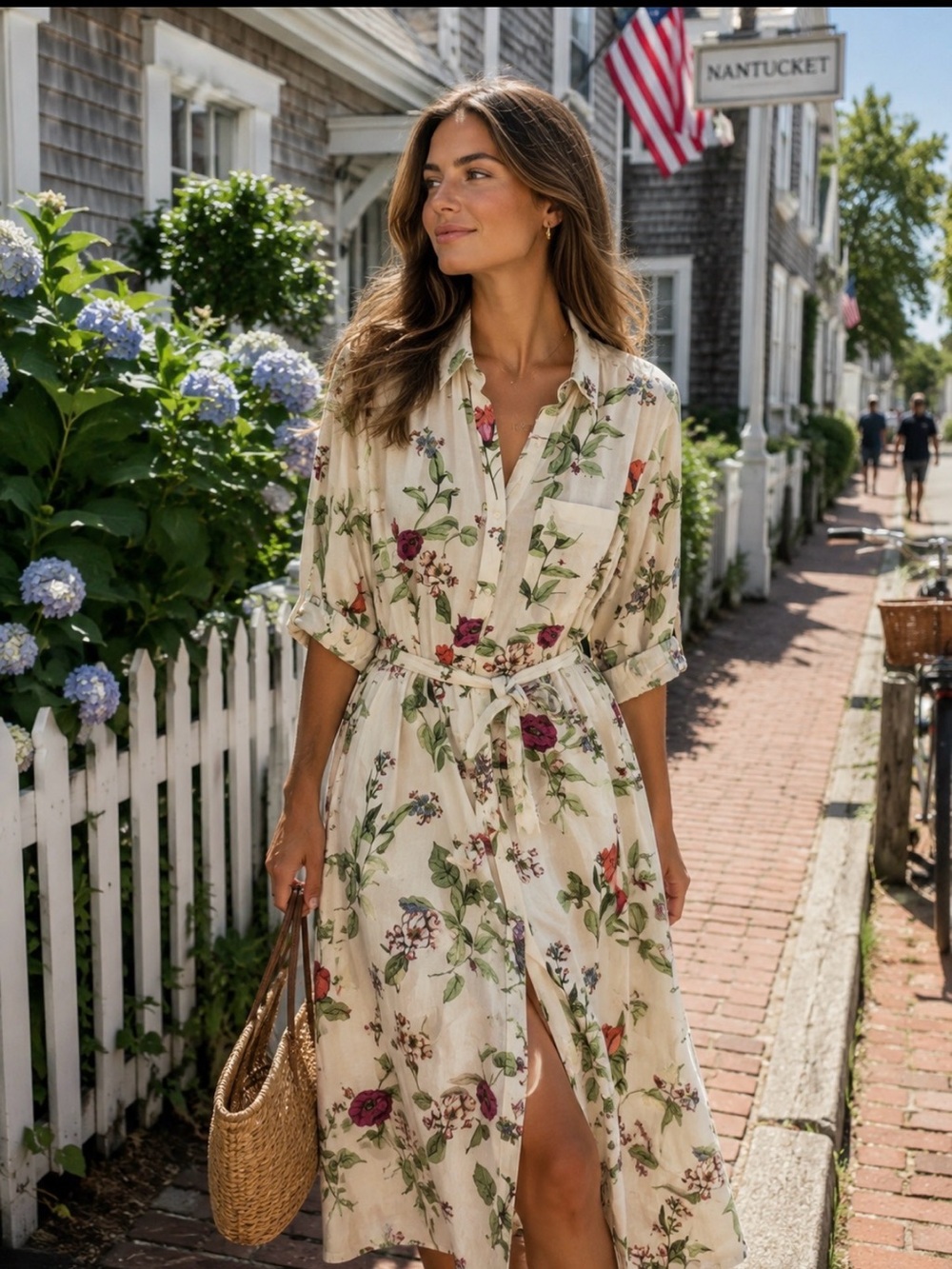 Maeve Cream Floral Tie-Waist Midi Dress